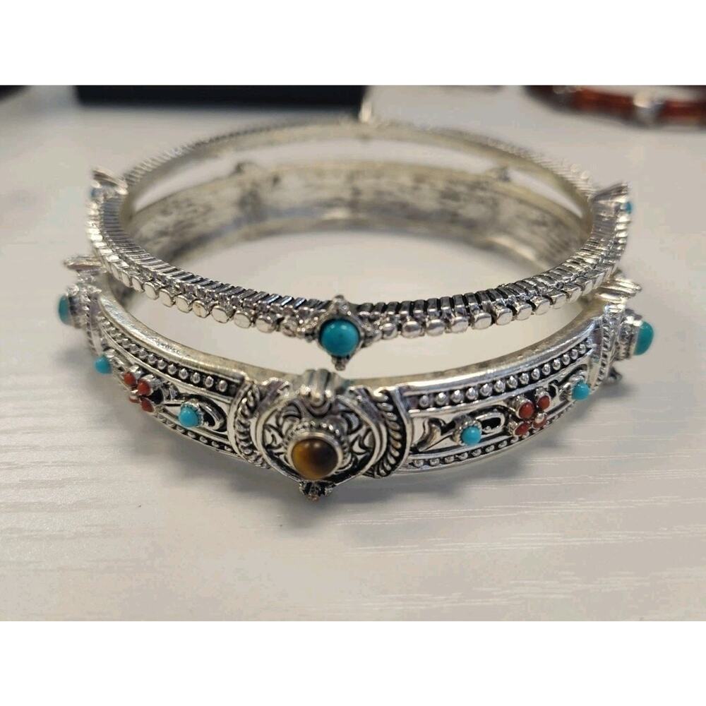 Vintage Graziano Lot Of 2 Bracelets Silver Tone Faux Turquoise Tigers Eye 9"-10"
